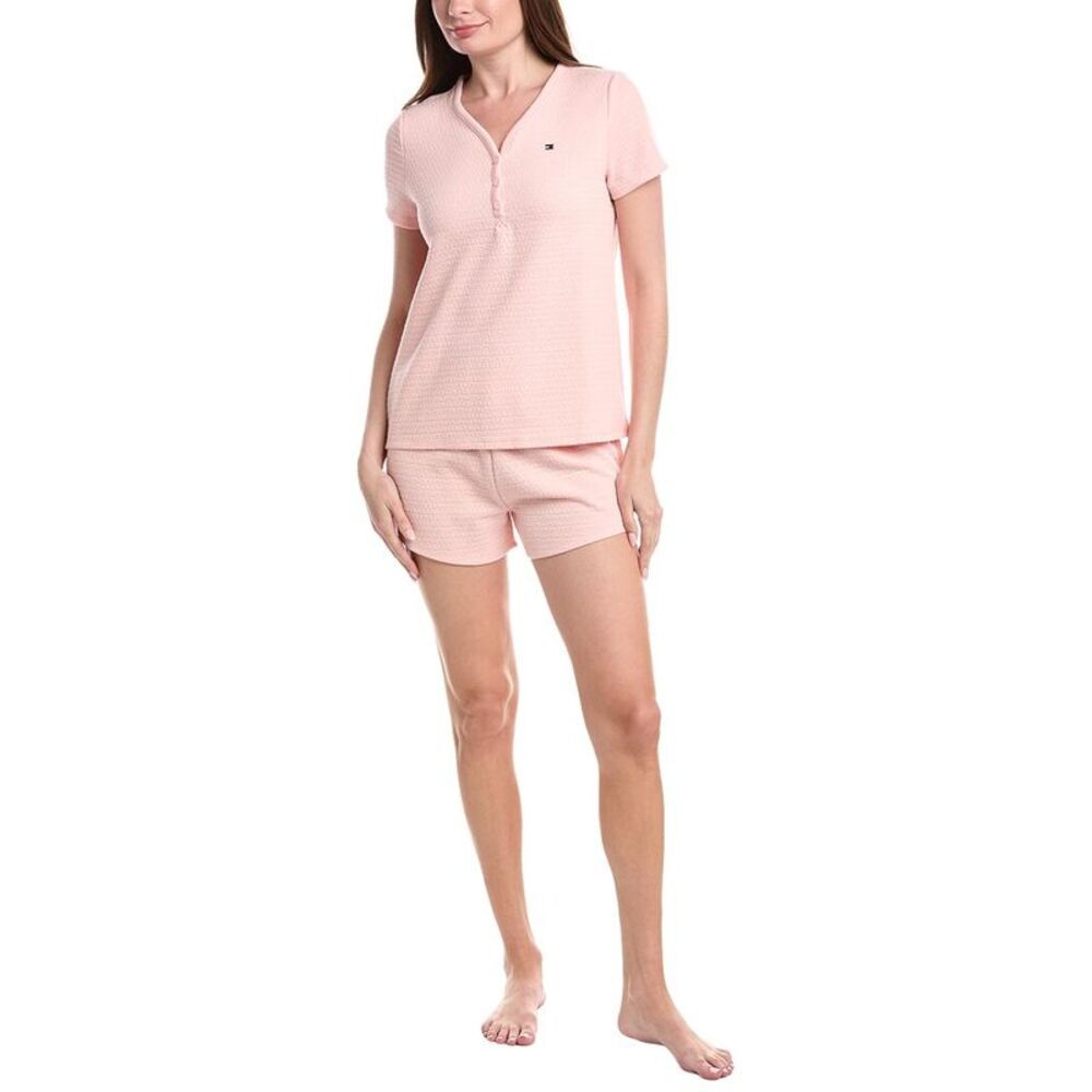 Tommy Hilfiger Womens 2Pc Jacquard Missy Henley Shirt & Short Set, Pink - Picture 1 of 3